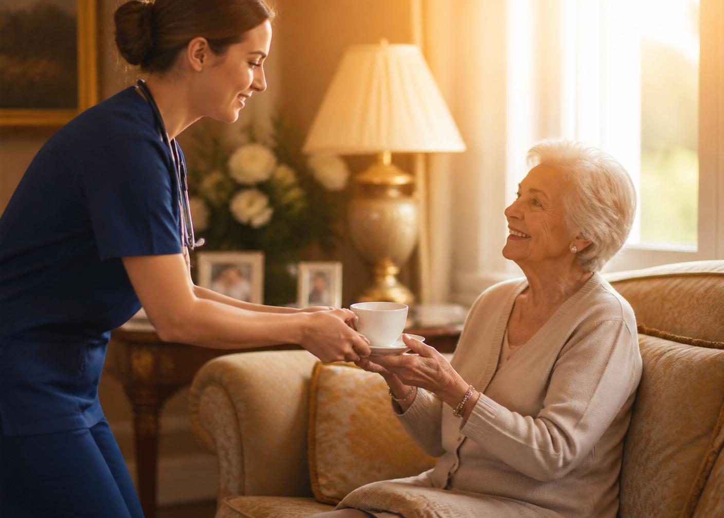 Nurse serving tea to elderly client