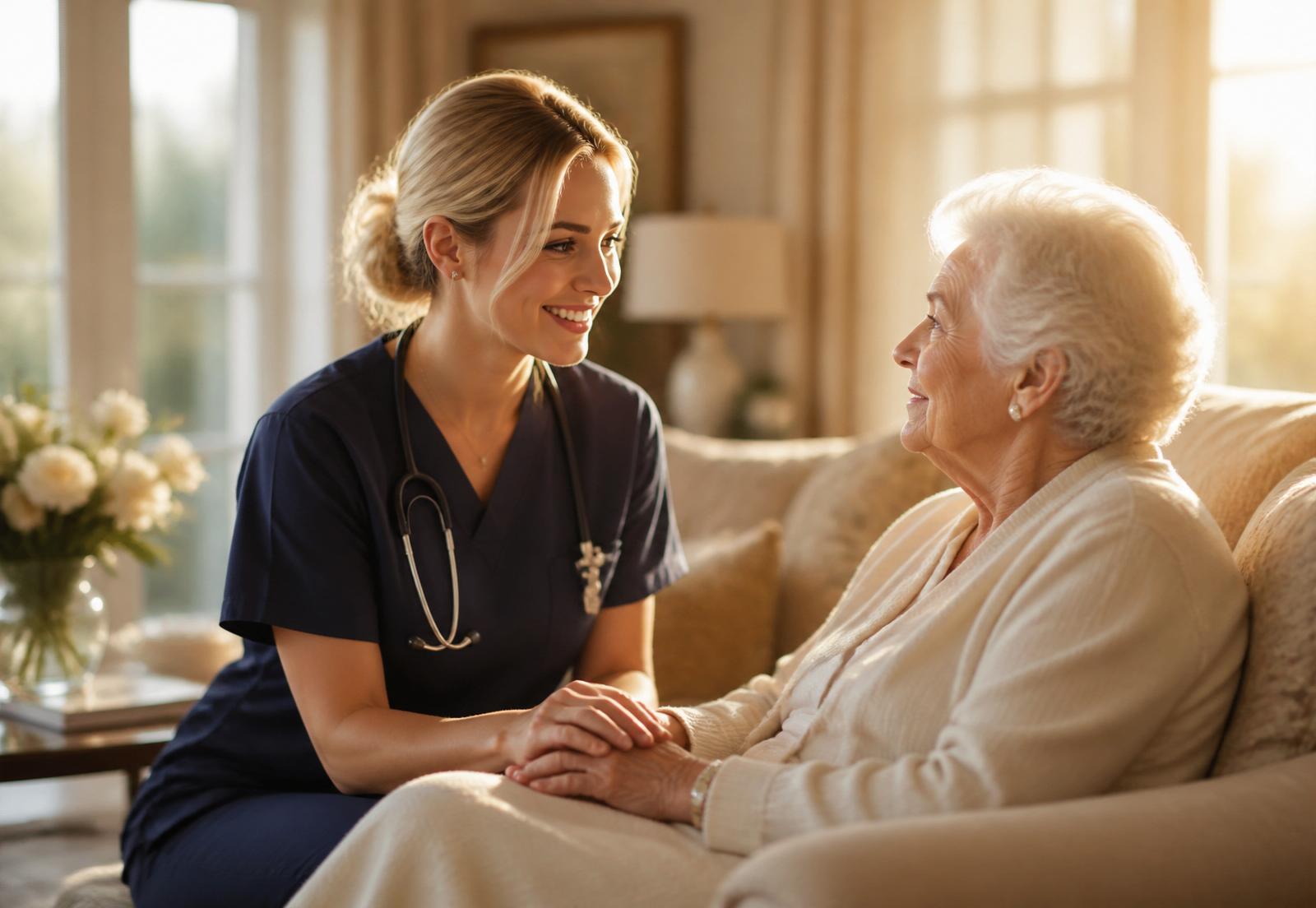 Compassionate nurse caring for elderly woman at home